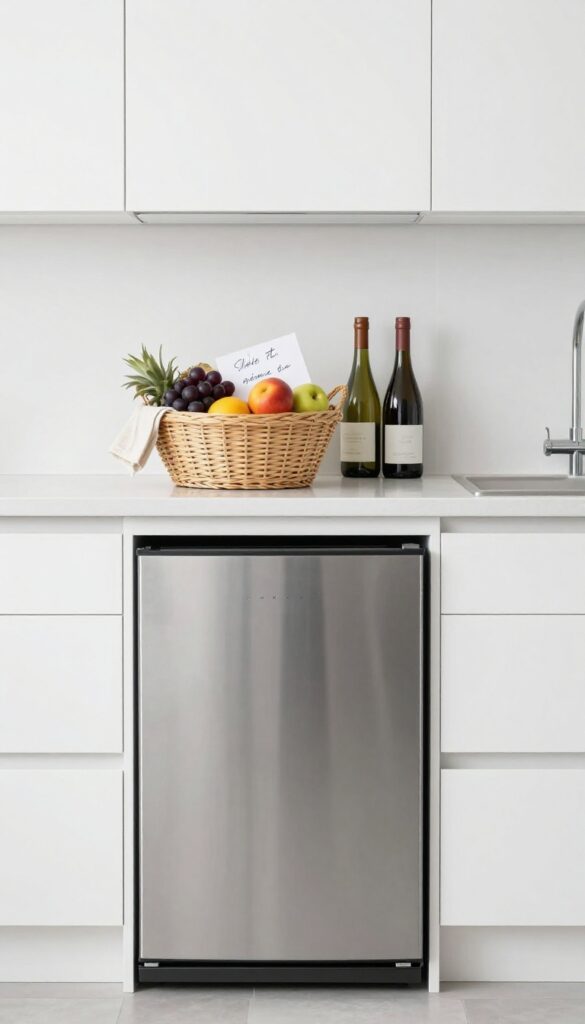 Under-counter mini fridge with a welcome basket on top in a bright guest suite kitchenette