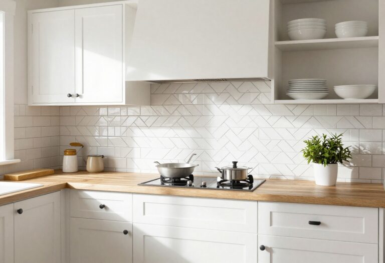 Bright farmhouse kitchen with herringbone subway tile backsplash, white cabinets, and butcher block countertops