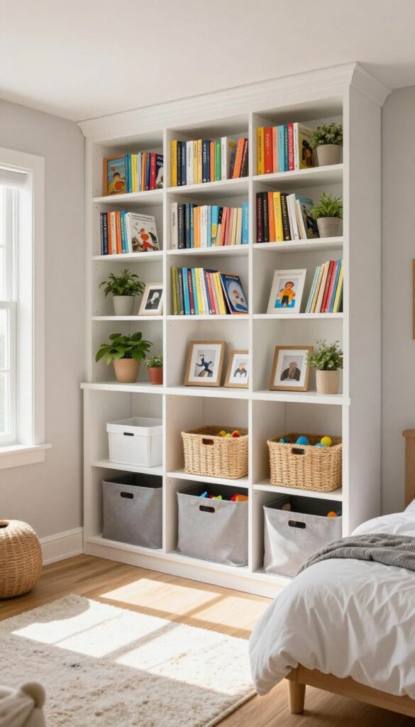 Kids bedroom with floor-to-ceiling built-in bookshelves, open upper shelves with books and decor, lower shelves with woven baskets and fabric bins for toy storage, bright natural light, cozy and polished.