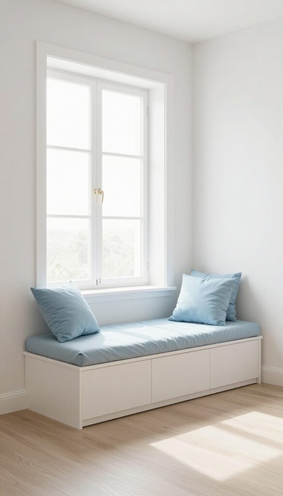 Window seat with hidden storage in a bright kids' bedroom