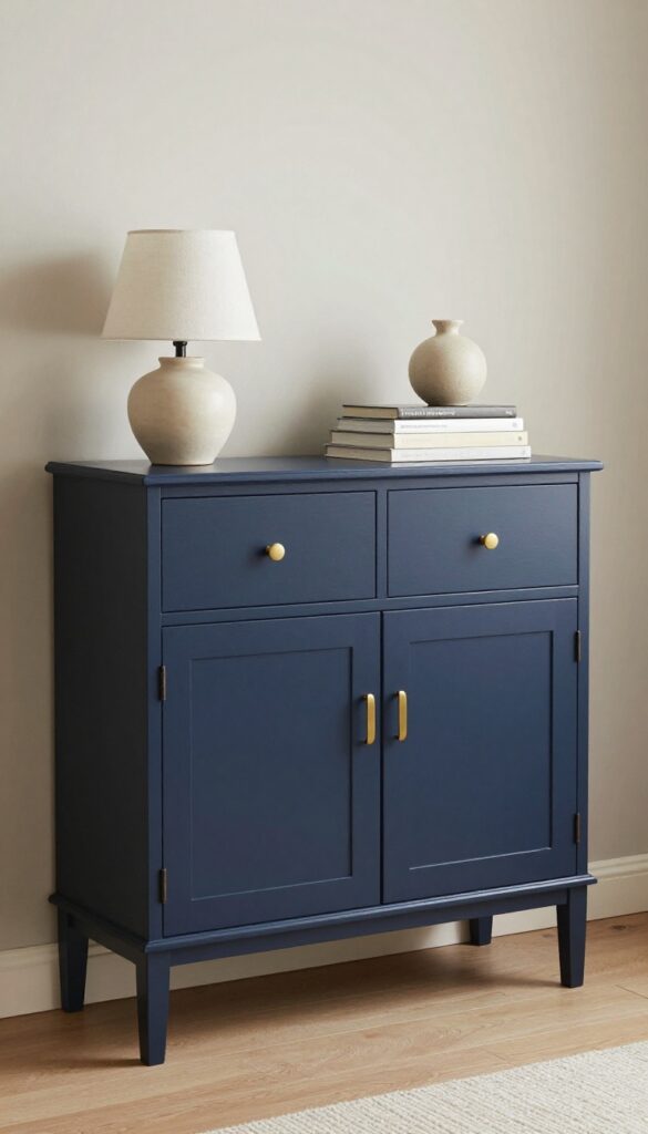 Deep blue painted cabinet with brass hardware in a bright living room