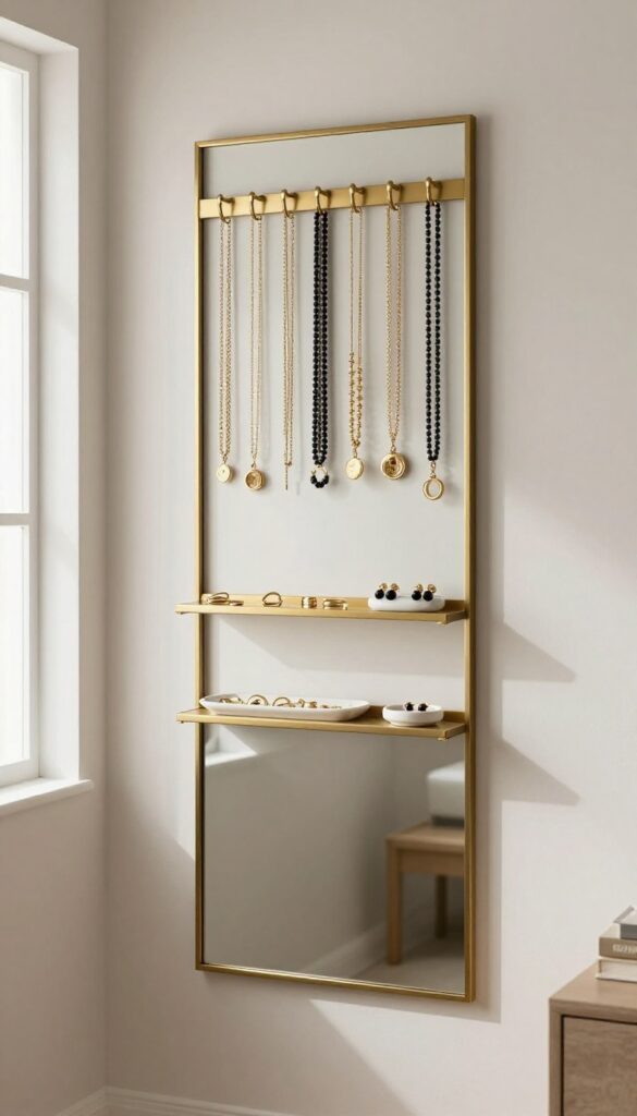 A mirror with built-in jewelry hooks and shelf in a small bedroom, reflecting natural light and keeping accessories organized.
