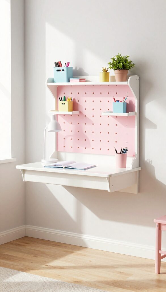 Small girl's bedroom with wall-mounted desk and pastel pink pegboard for storage