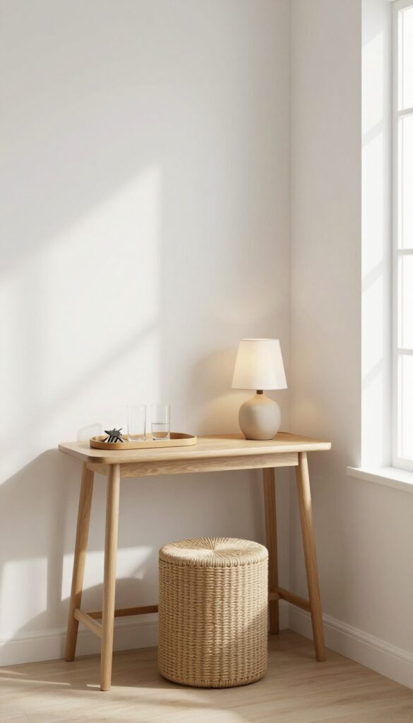 Slim console table with lamp and tray, stool tucked underneath, in bright guest room