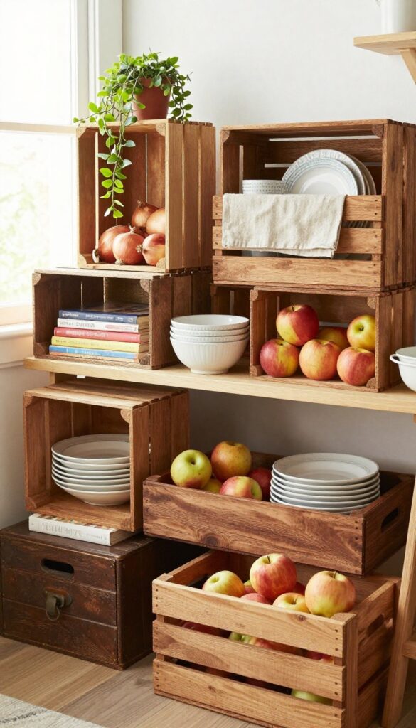 Vintage wooden crates stacked as modular shelves in a kitchen store room, holding produce, cookbooks, and dinnerware, with natural light and trailing plants.