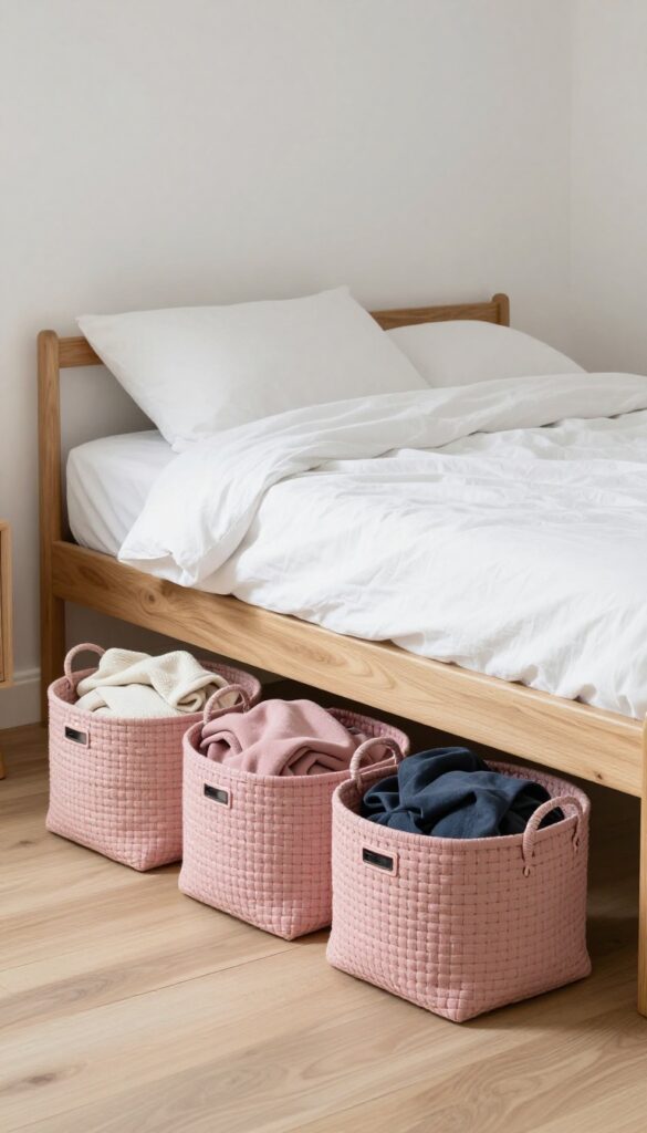 Under-bed storage baskets in pink tones neatly arranged beneath a low bed in a bright, minimalist bedroom