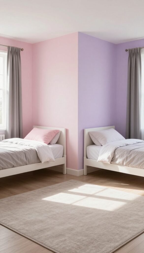 A shared girls' bedroom with pink and lavender color zones, neutral walls, and twin beds.