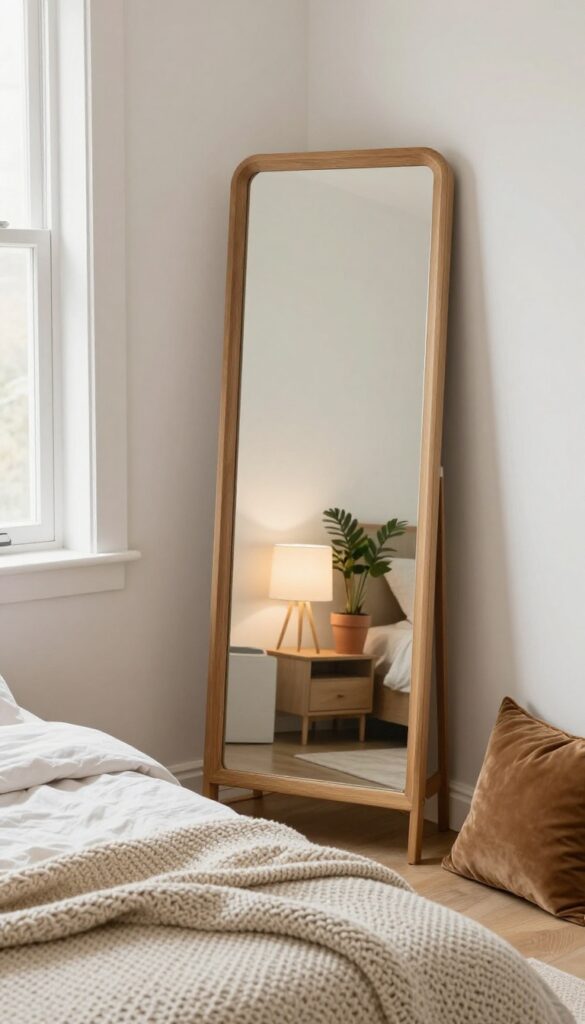 A large statement mirror with a warm wooden frame leaning against the wall in a cozy small bedroom, reflecting light and decor, with a bed featuring layered soft textiles.