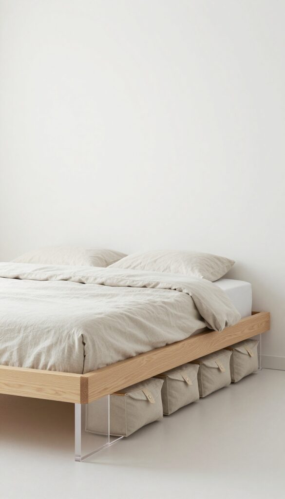 Bed risers with under-bed storage bags in a bright, airy bedroom