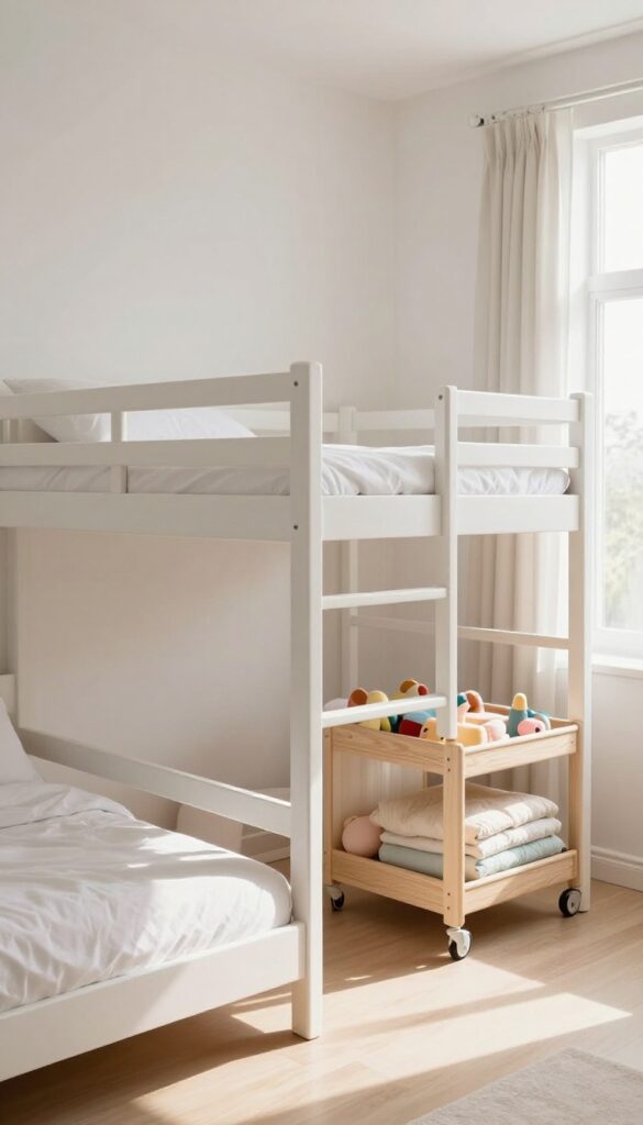 Low-profile bunk bed with under-bed rolling storage carts in a light, airy shared bedroom