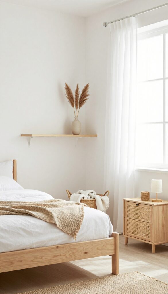 Clutter-free coastal bedroom with smart storage solutions like a floating shelf, woven basket, and rattan nightstand.