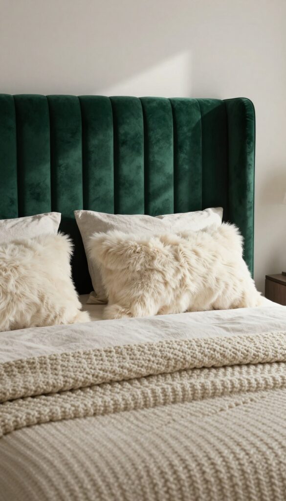 Cozy romantic bedroom with emerald velvet headboard, chunky knit throw, and faux fur pillows in soft natural light
