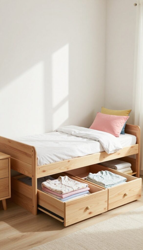 Trundle bed with storage drawers in a bright, airy girls bedroom