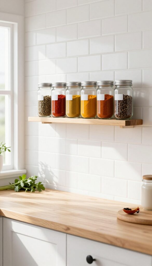 Wall-mounted wooden spice rack with matching glass jars filled with colorful spices on a white kitchen backsplash