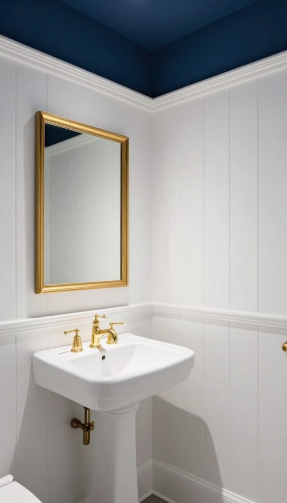 Small powder room with navy blue ceiling, white wainscoting, gold mirror, and sink.