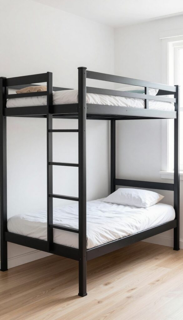 Minimalist bunk bed with clean lines in a bright, airy kids bedroom