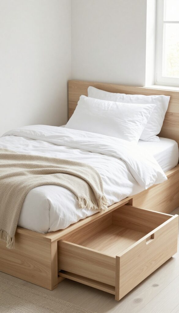 Low-profile platform bed with built-in drawers in a bright, minimalist small bedroom