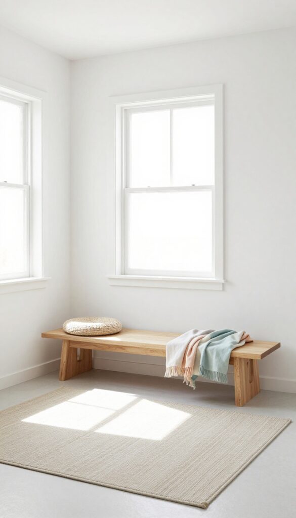 Small bedroom with a low bench at the foot of the bed, adding seating and storage without clutter.