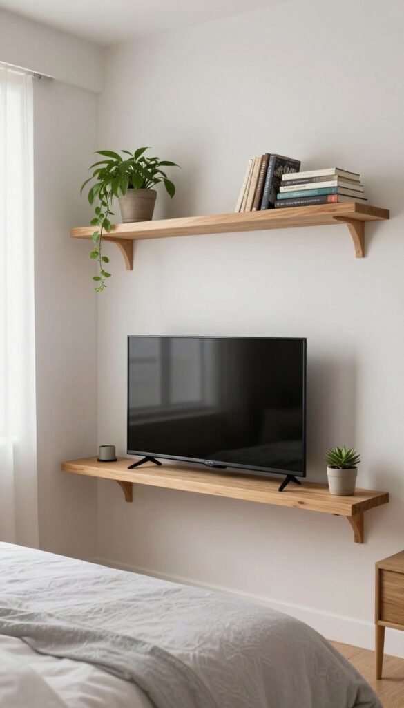 Minimalist bedroom TV wall with floating wooden shelf, small plant, books, and hidden cables, cozy and uncluttered.