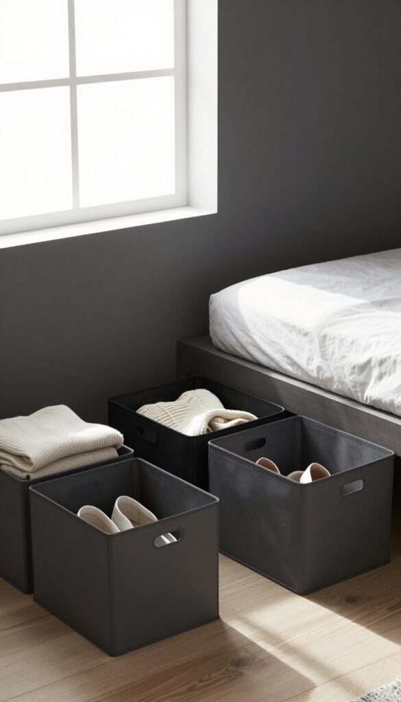 Under-bed storage bins in neutral tones organized neatly beneath a platform bed in a dark-toned small bedroom