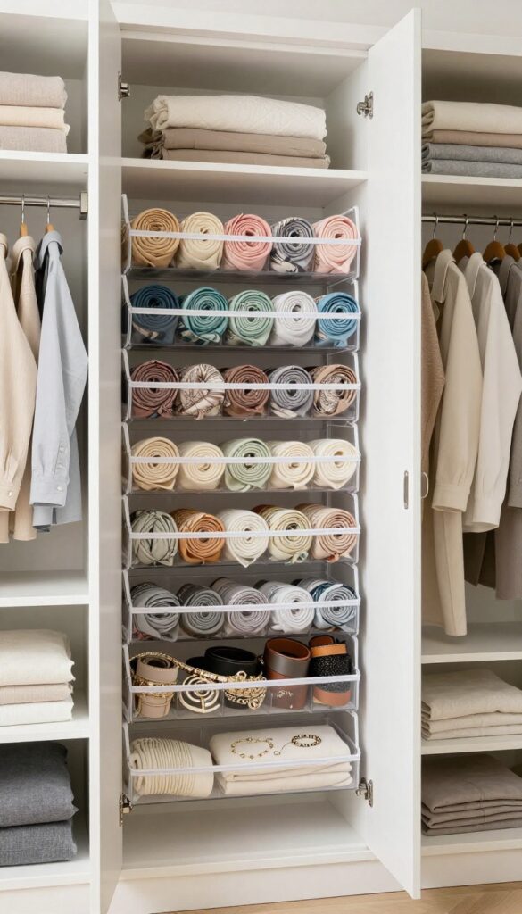 A closet door with a clear-pocket hanging organizer holding scarves, belts, and jewelry, maximizing vertical storage space.