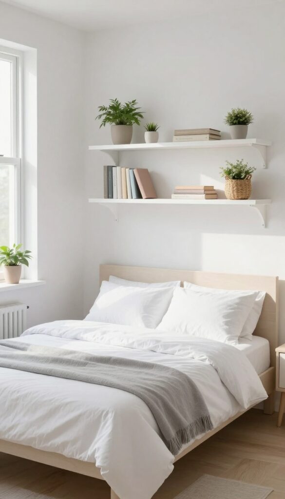 Floating shelves above a bed with plants, books, and a basket in a bright, airy bedroom