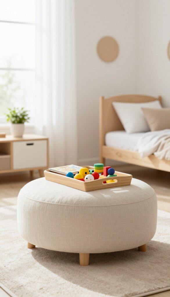 A multi-functional ottoman in a kids' bedroom, open for toy storage with a tray on top for books.