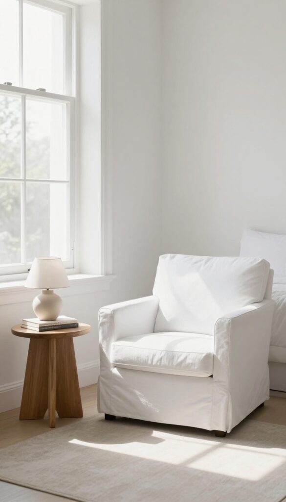 Guest bedroom with a secondhand armchair and side table near a window