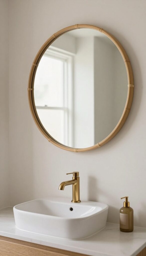 Small powder room with round rattan statement mirror reflecting light, warm and bright interior design