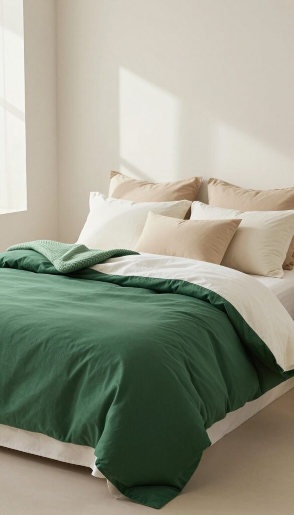 Bedroom with green duvet, neutral pillows, and textured throw in natural light
