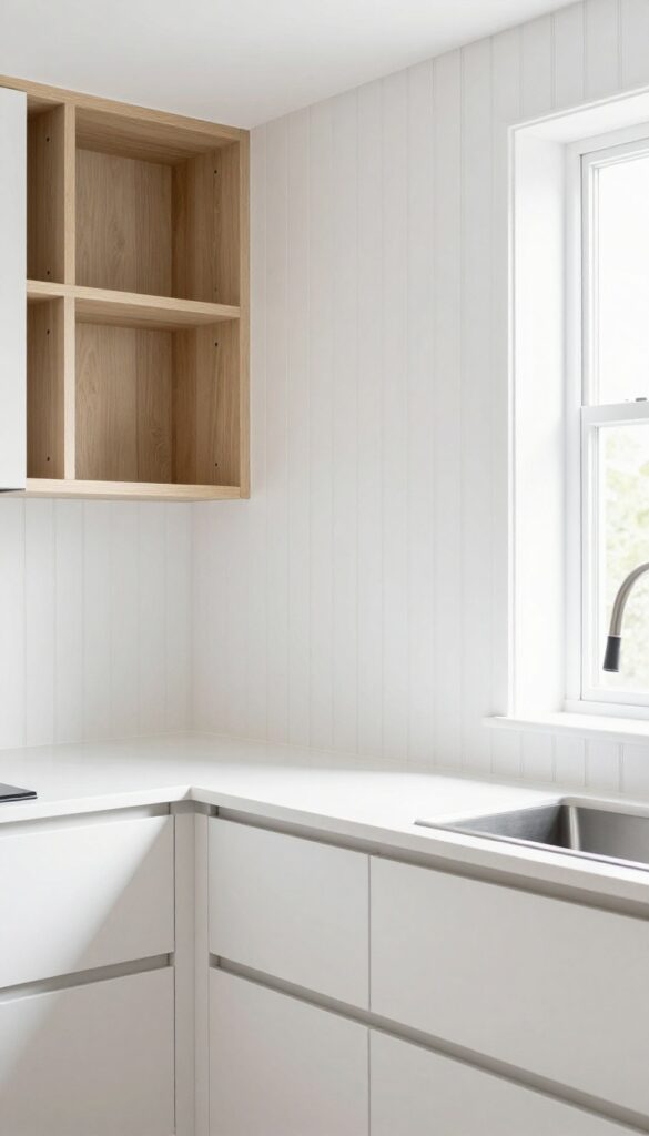 Bright kitchen with whitewashed beadboard backsplash, vertical lines, modern appliances, matte black hardware, and light wood shelving.