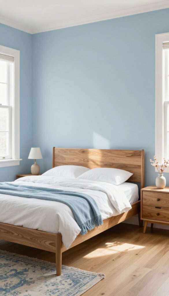 Bright blue bedroom with walnut bed frame and oak nightstands adding warm wood tones