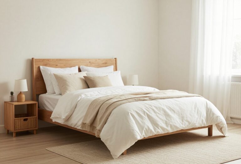 Cozy budget guest bedroom with layered bedding, thrifted headboard, and warm lighting