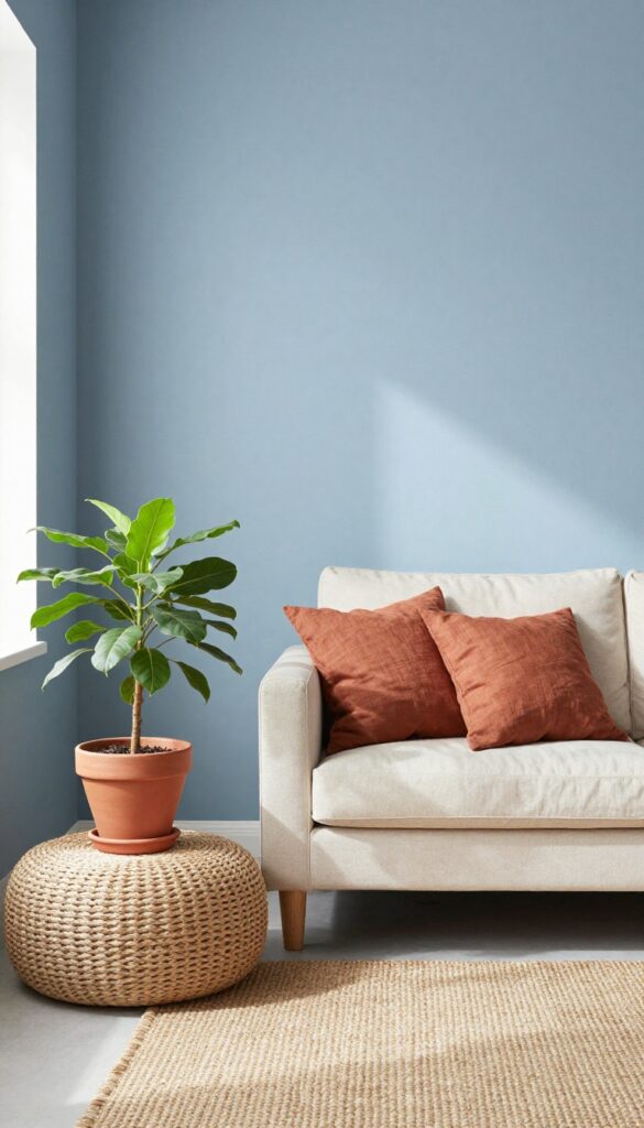 Small living room with muted blue walls and terracotta accents, featuring a cream sofa, jute rug, and natural light.