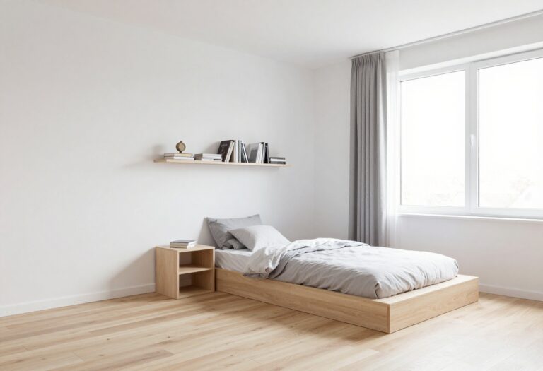 Modern boys bedroom with clean lines, platform bed, and light decor