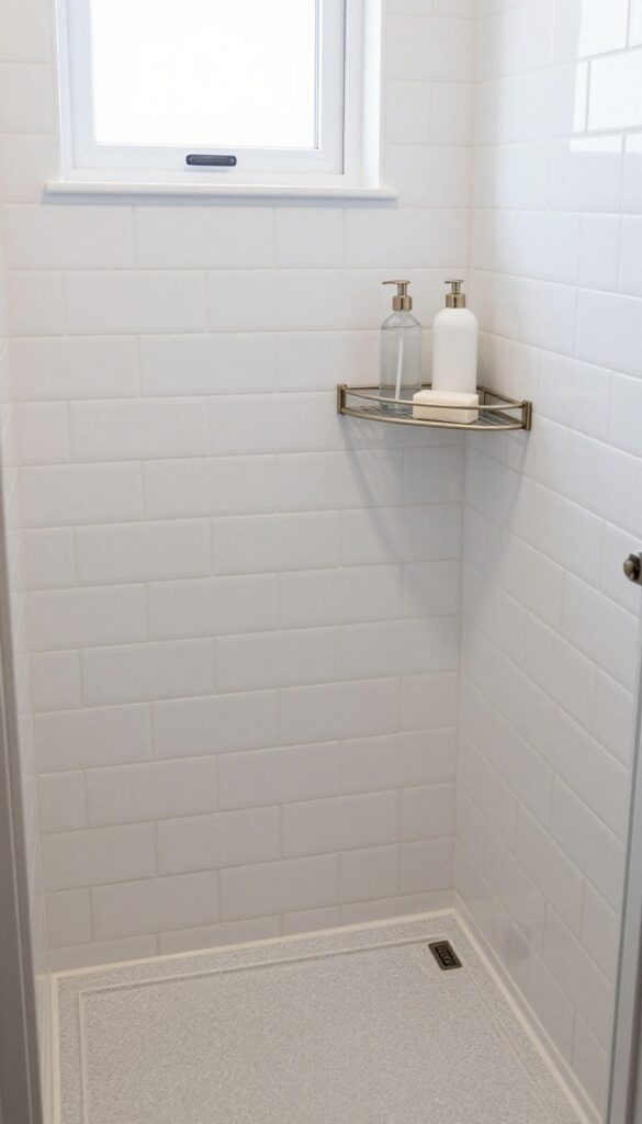 Corner shelf in shower with shampoo and soap, bright natural light, clean design