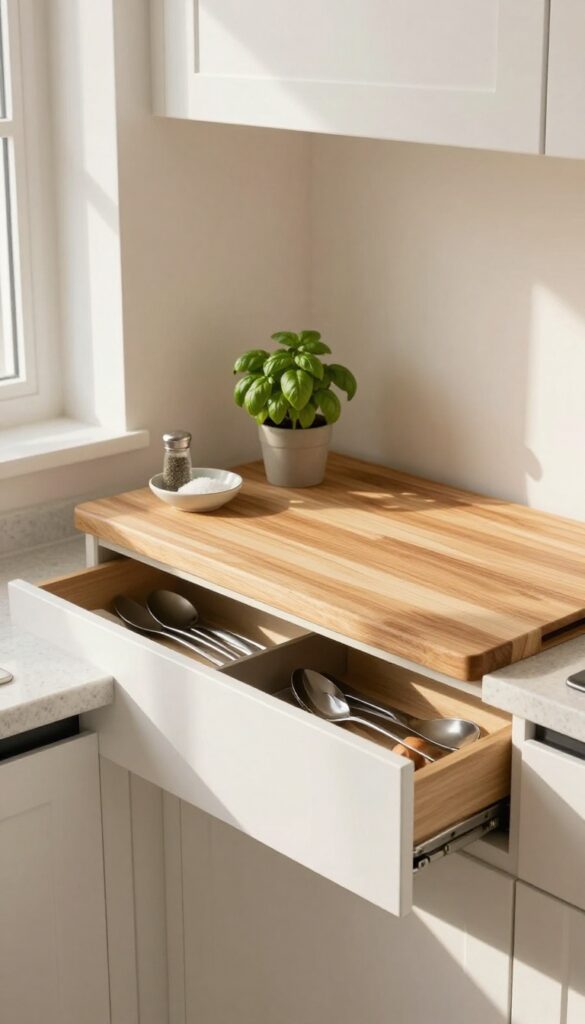Warm wood cutting board with built-in storage drawer on a kitchen counter, with ceramic dish and potted herb, in a bright guest suite kitchenette.