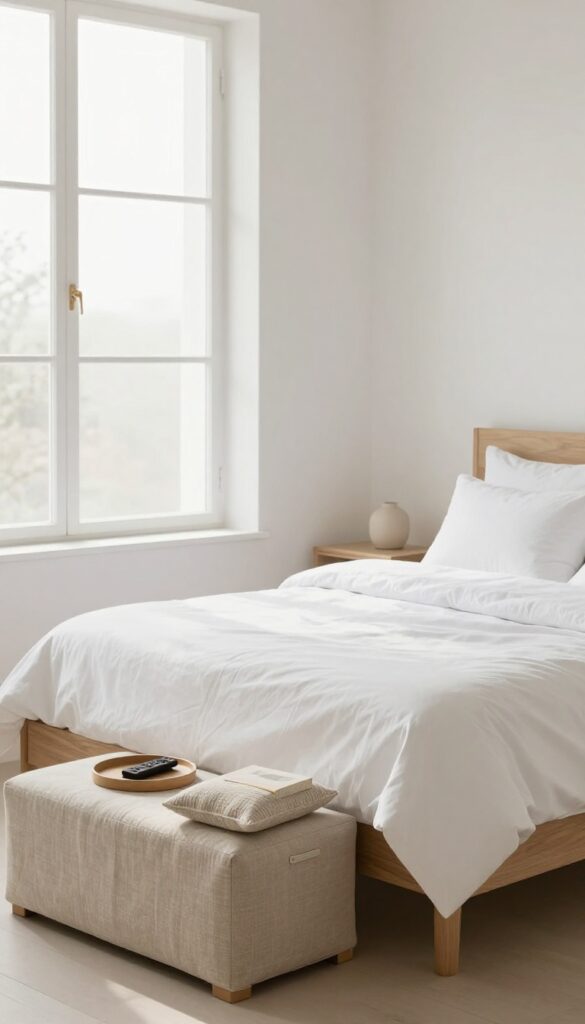A bedroom with a storage ottoman at the foot of the bed, topped with a tray and pillow, in bright natural light.