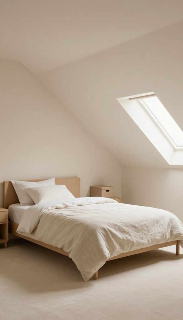 Attic bedroom with curtains hiding clutter under sloped ceiling eaves