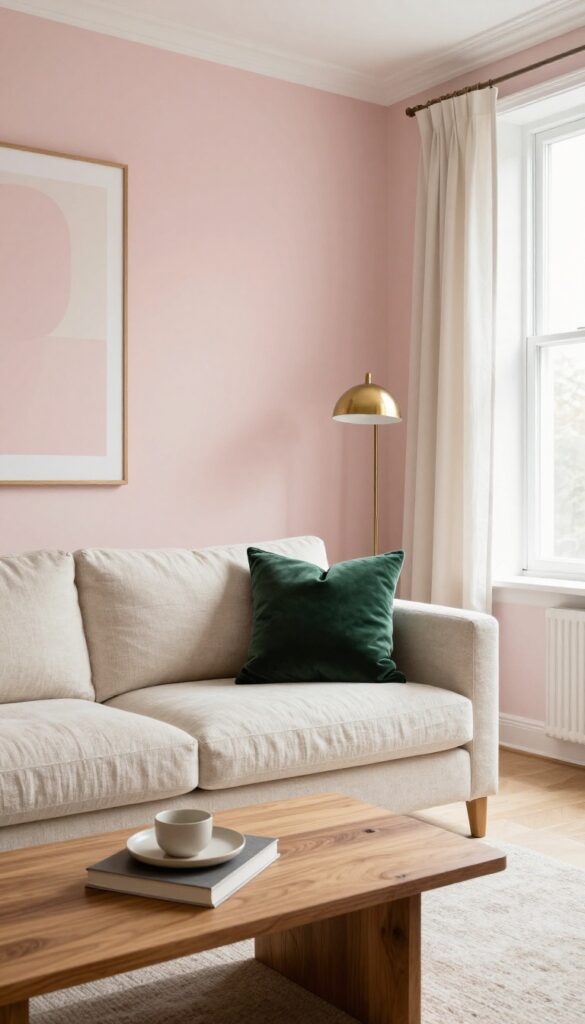 Cozy living room with dusty rose walls, cream sofa, and warm wood accents