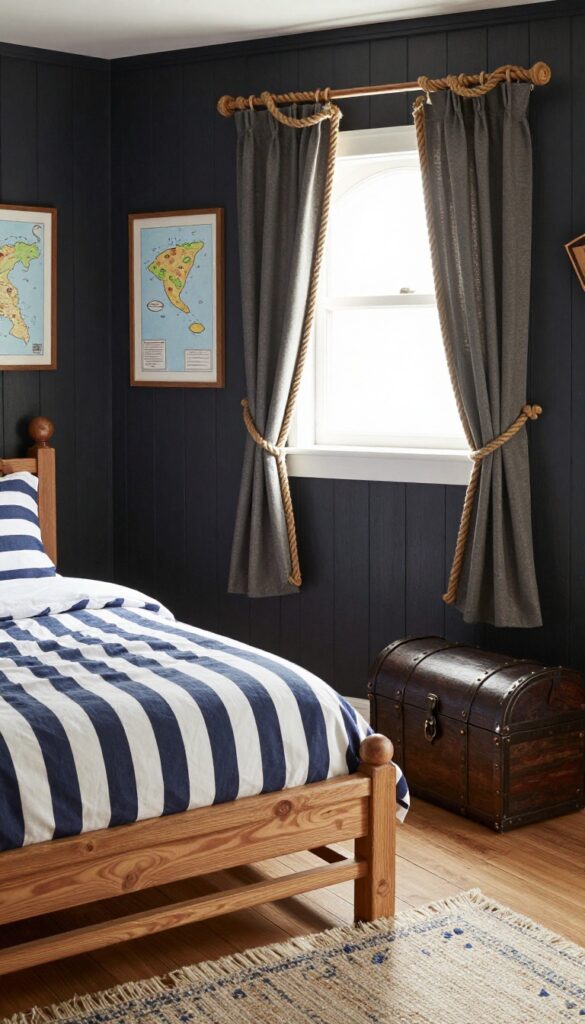 Cozy pirate ship cabin themed kids bedroom with dark wood, striped bedding, treasure chest, and map on wall.