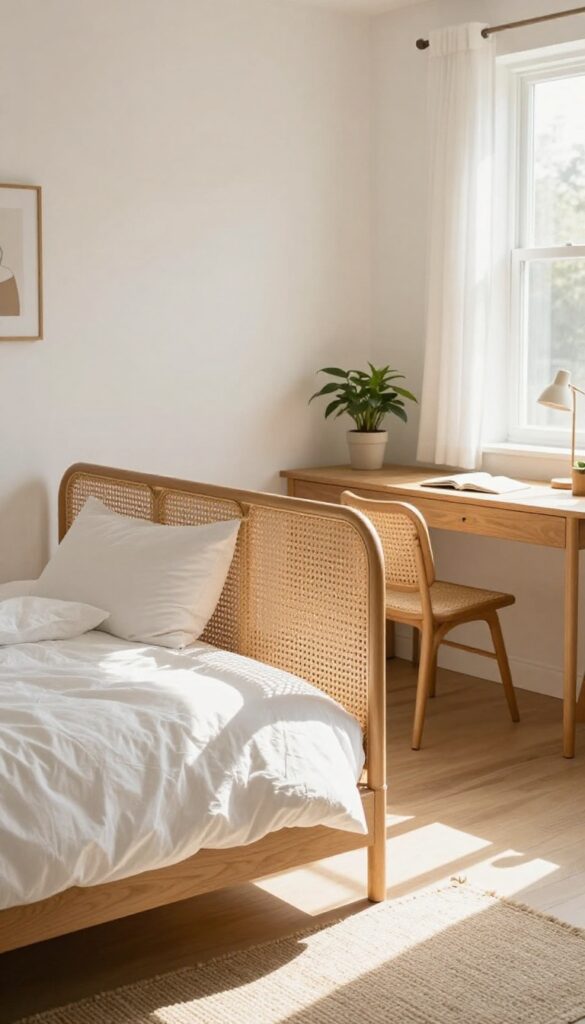 A room divider separating a guest bedroom and home office, with a bed on one side and a desk on the other, in a bright, cozy interior.