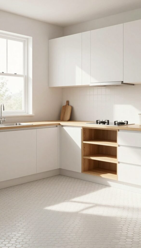 Small kitchen with warm white penny round floor tiles, white cabinets, natural wood accents, and a soft neutral runner.