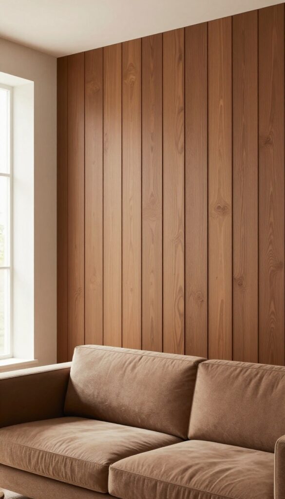 Board and batten wall in warm taupe with vertical battens, sofa, and picture light in bright natural light