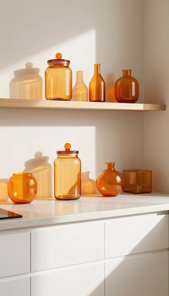 Orange glassware and canisters on open shelves in a bright kitchen