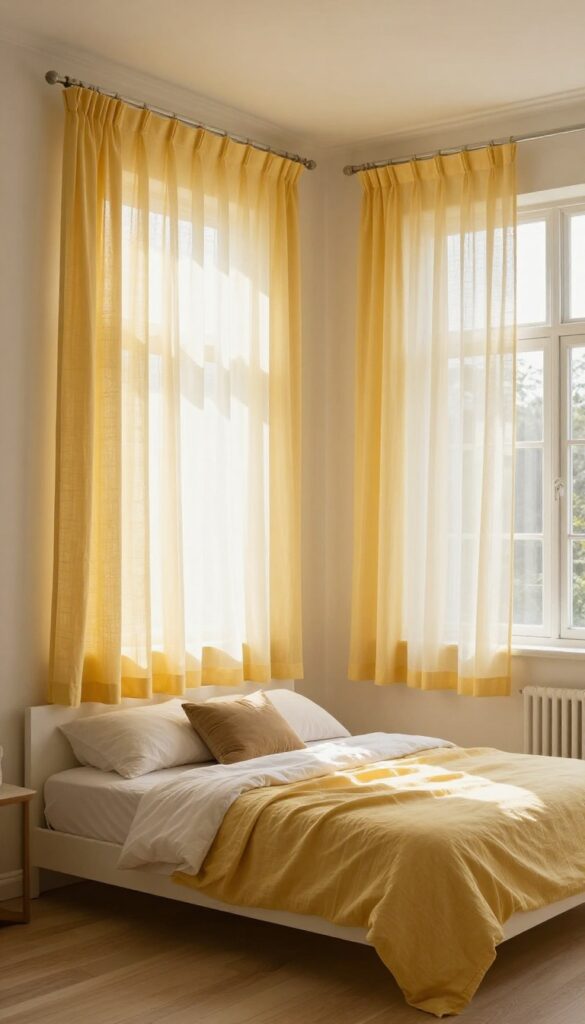 Sun-bleached yellow linen curtains in a bright bedroom with natural light and neutral decor