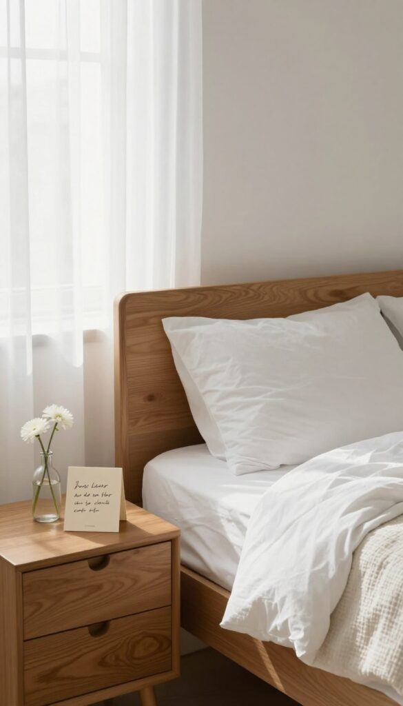 A guest room nightstand with a handwritten welcome note and a single flower in a small vase, bathed in natural light.