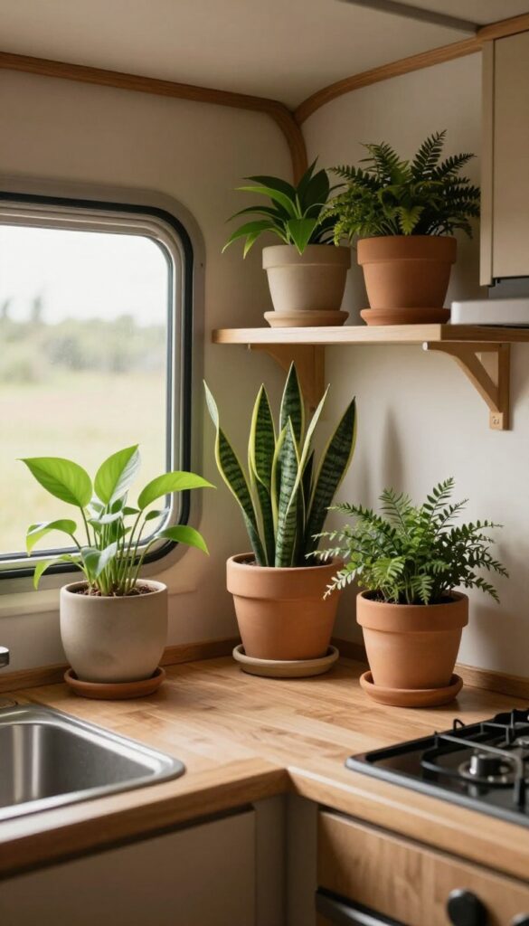 Mobile home kitchen with low-light plants on shelves and windowsill, warm earth tones, soft natural light