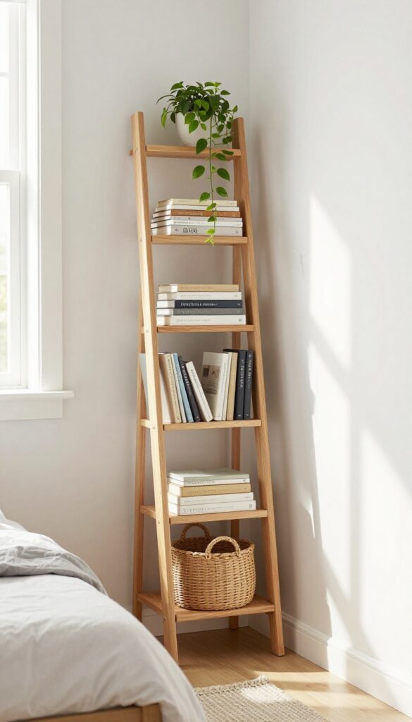 Corner ladder bookshelf with books, baskets, and trailing plant in a bright small bedroom