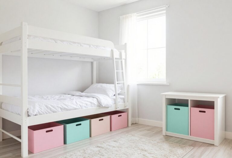 Bright girls bedroom with loft bed, desk, and colorful storage bins